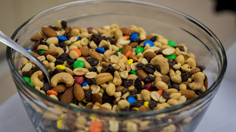 Bowl of trail mix with M&Ms