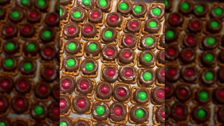 Chocolate M&M pretzel treats arranged on tray