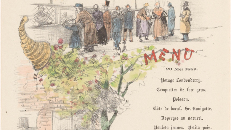 A close-up of a French menu card with an illustration of people queuing up to be seated
