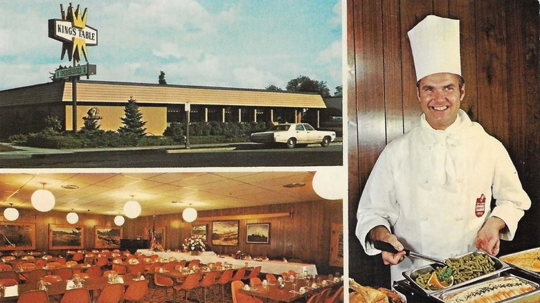 Images from a postcard showing the outside of King's Table, inside with tables and chairs, and a chef serving food