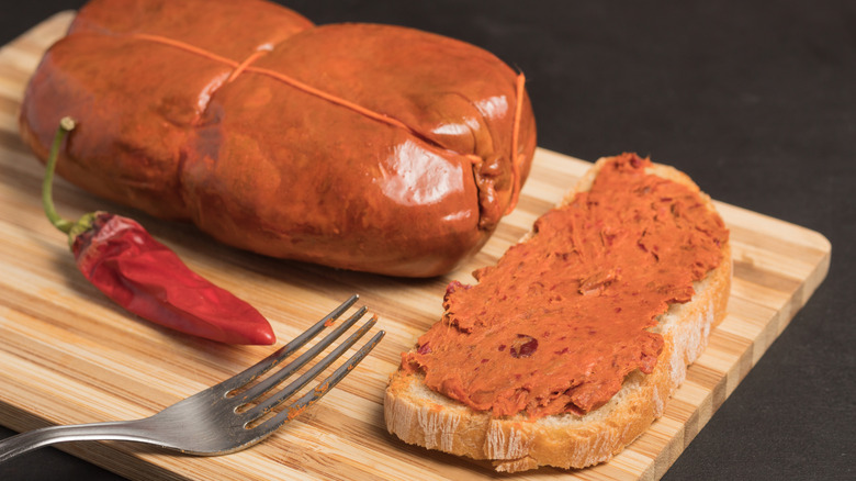 'Nduja spread on a piece of bread