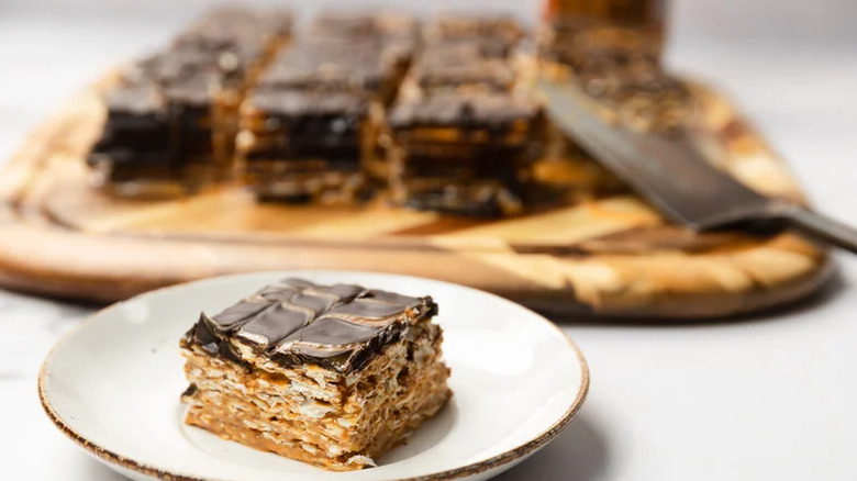 A slice of Matzo Cake on a plate