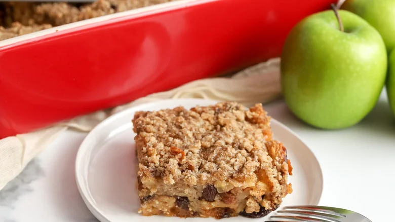 Slice of apple matzo kugel on a plate