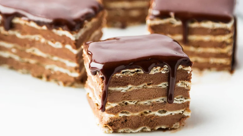 A slice of chocolate-matzo layer cake
