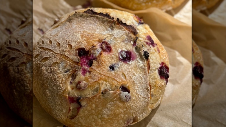 Close-up of blueberry lemon sourdough loaf on table
