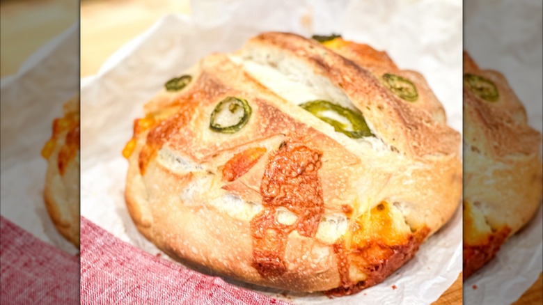 Close-of of loaf of jalapeño cheddar sourdough bread
