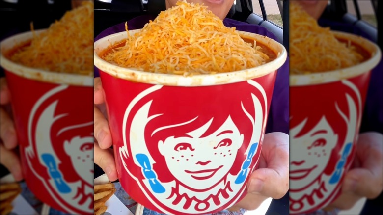 Extra shredded cheese on top of Wendy's chili
