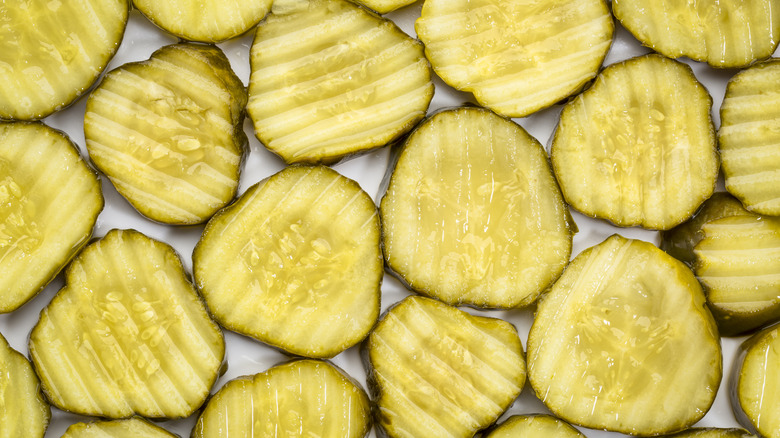 Top down view of sliced pickled cucumbers