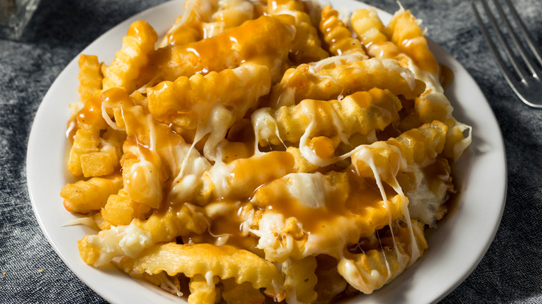 Plate of disco fries topped with gravy and melted cheese