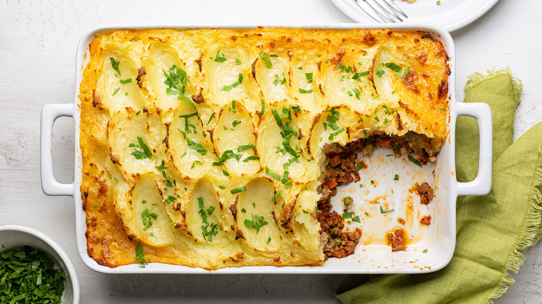Shepherd's pie in white baking dish