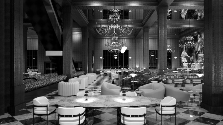 Black and white photo of a restaurant interior