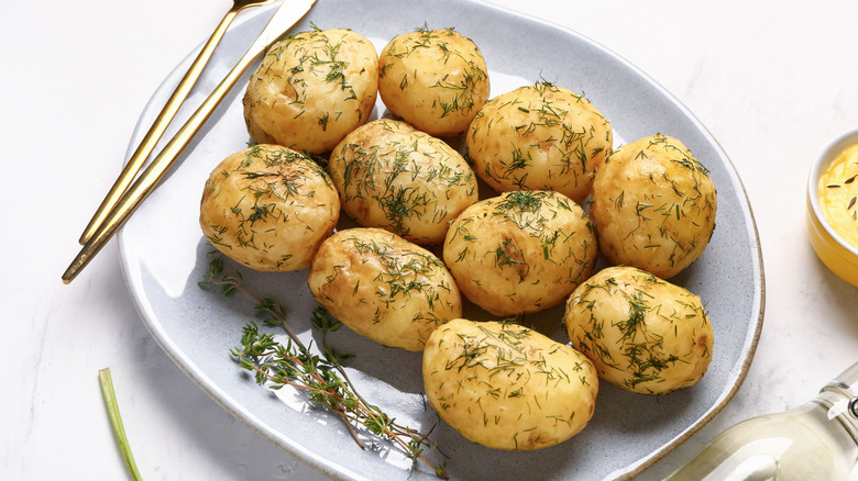 Boiled baby potatoes on plate with fresh dill