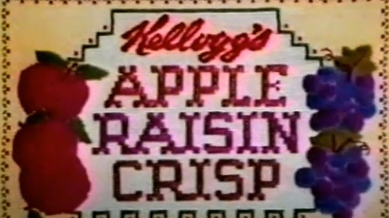 A needlepoint-style logo for Apple Raisin Crisp in a 1985 TV ad