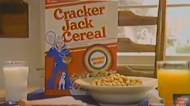A box of Cracker Jacks Cereal on an old-fashioned breakfast table in a vintage ad