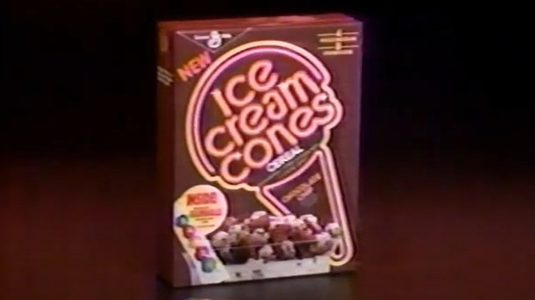 A box of Ice Cream Cones cereal with a retro, neon-style design