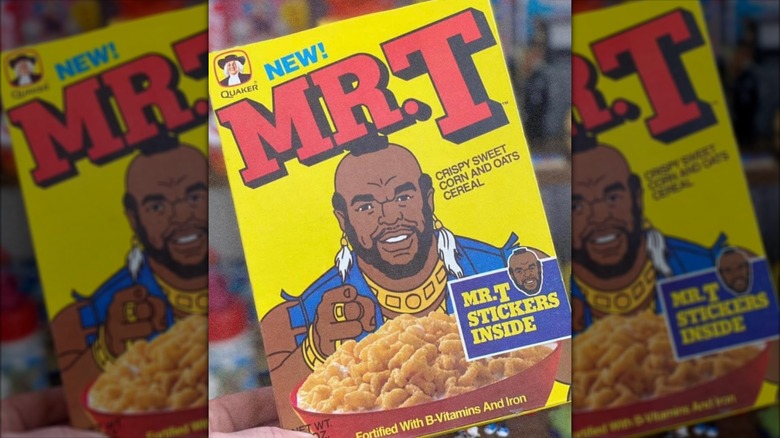 A colorful box of Mr. T cereal featuring a cartoon depiction of Mr. T