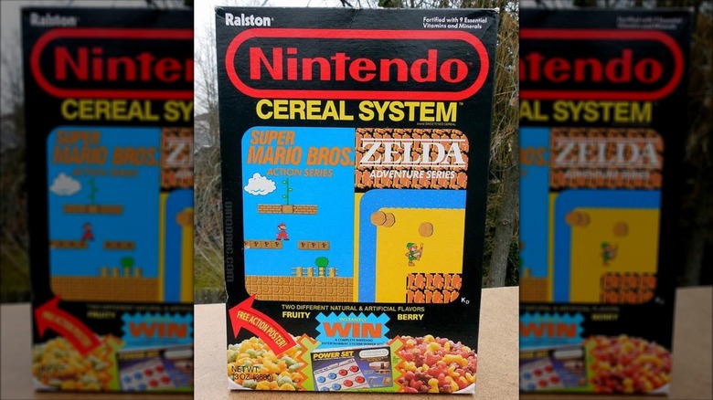 A Nintendo Cereal System box featuring Mario and Link