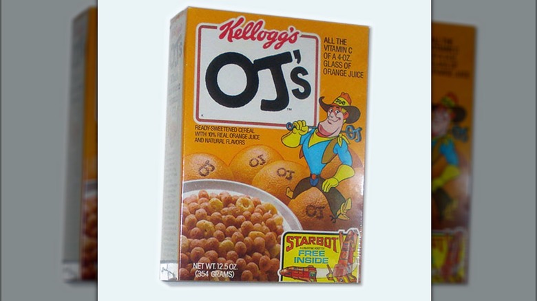 Orange box of OJ's cereal with cartoon mascot isolated on a white background