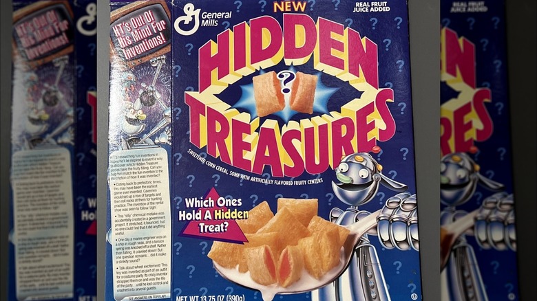 Flattened Hidden Treasures cereal box on a countertop