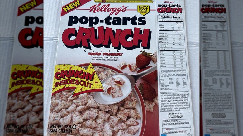 Flattened box of Pop-Tarts Crunch cereal on a tablecloth