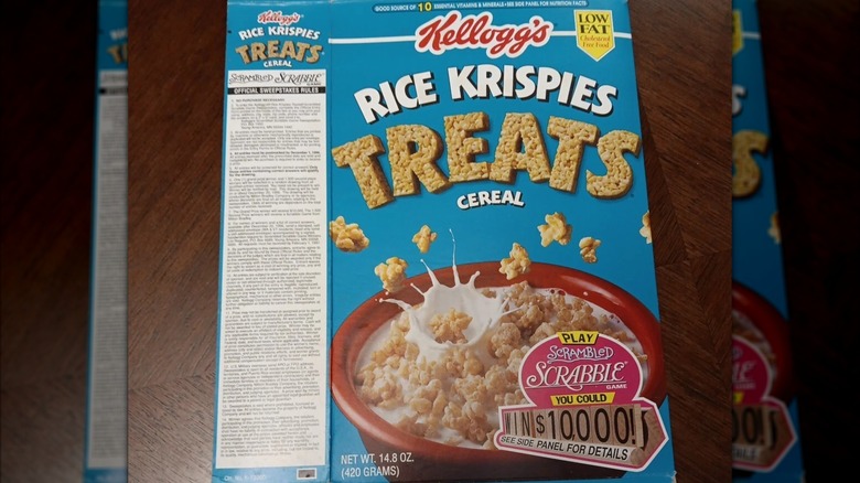 Flattened box of Rice Krispies Treats Cereal on a wooden table