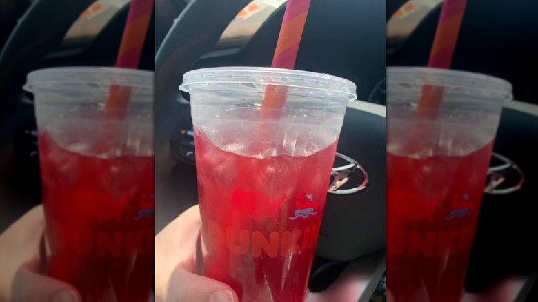 Hand holding Apple Cranberry Refresher in car