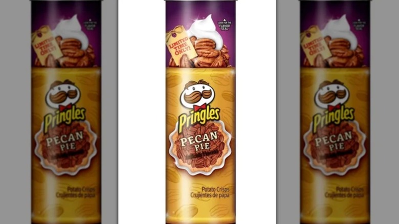 mirrored image of pecan pie pringles on grocery store shelf