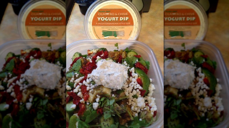 Trader Joe's Cilantro Chive Yogurt Dip with salad in foreground