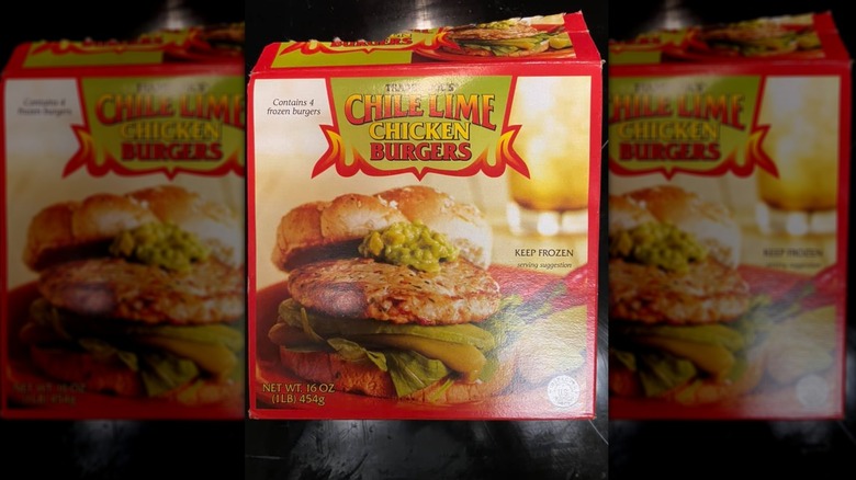 A Trader Joe's Chile Lime Chicken Burgers box on a table
