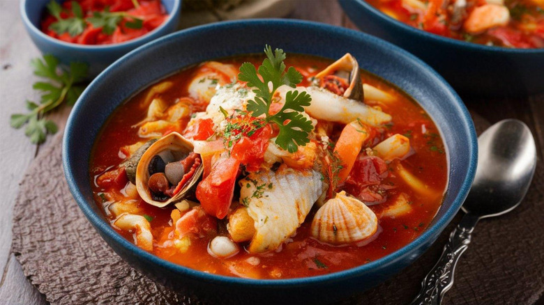 Cioppino seafood stew in a blue bowl