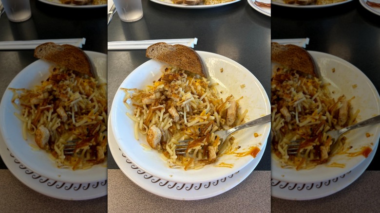 Chicken melt hash brown bowl in white bowl at Waffle House