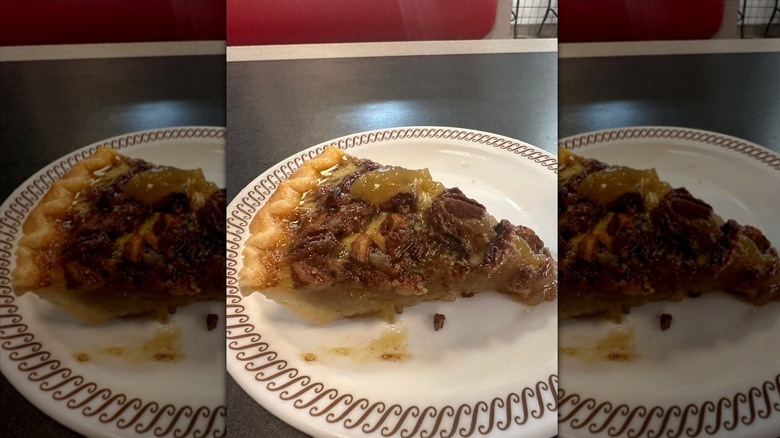 Pecan pie on white plate at Waffle House
