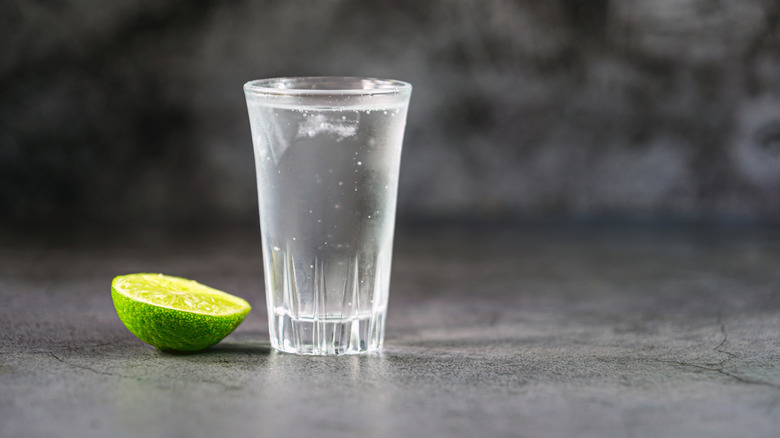 A small glass of vodka shown with a sliced lime by the side and a drop of ice