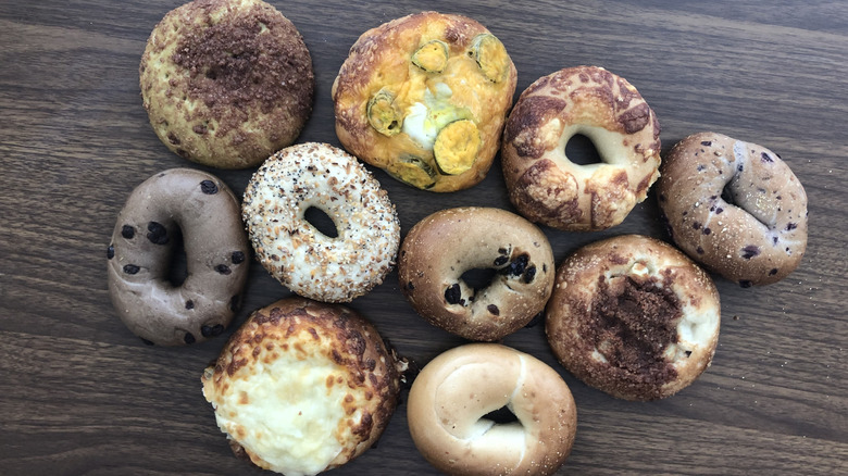 10 different flavors of Einstein Bros bagels.