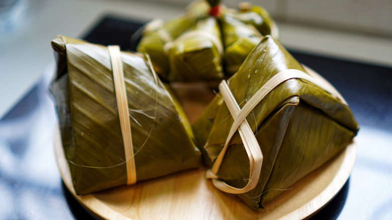 Thai food wrapped in banana leaf