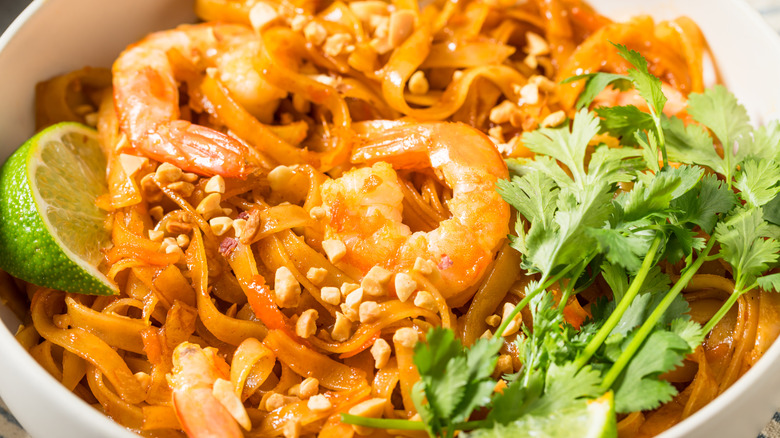 Close-up of shrimp pad Thai