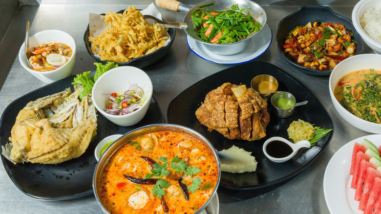 High angle of a Thai family-style meal