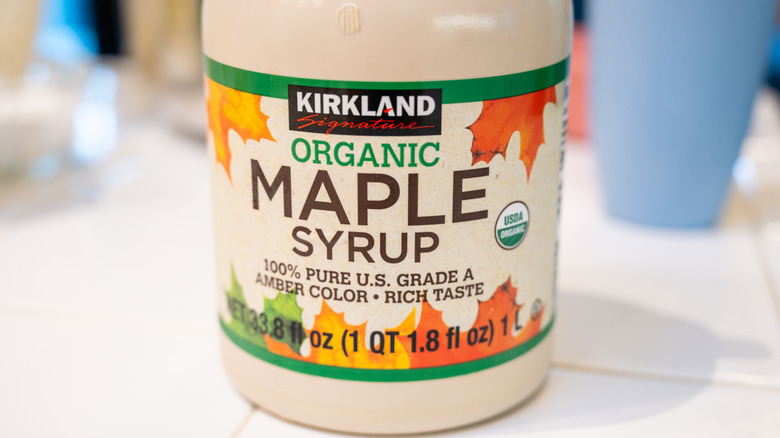 Single plastic bottle of Kirkland Signature organic maple syrup