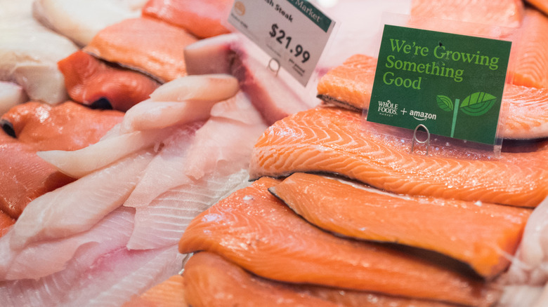 salmon fillets for sale in Whole Foods seafood section
