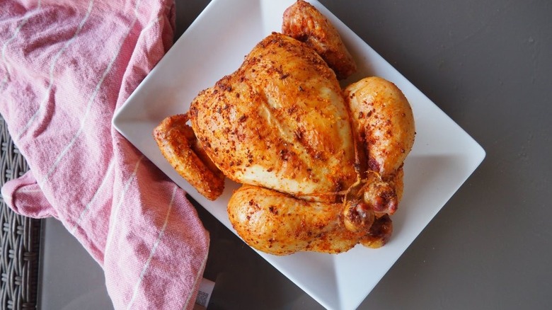 5-Ingredient Copycat Costco Rotisserie Chicken on rectangular white plate