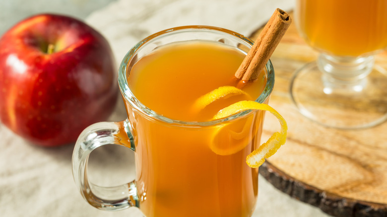A hot spiked apple cider with a cinnamon stick and candied lemon twist