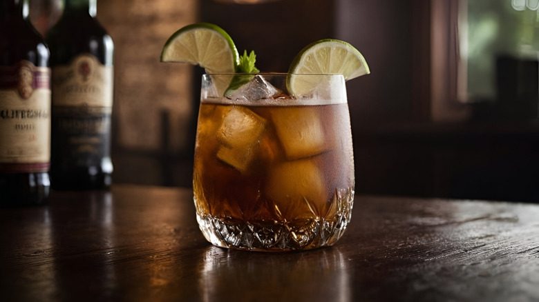 A dark and stormy cocktail in a glass garnished with lime slices