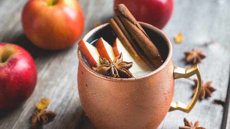 A hot toddy in a copper mug, garnished with apple, star anise, and cinnamon sticks