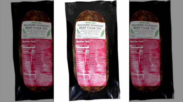 Trader Joe's Balsamic Rosemary Beef Steak Tips on white background