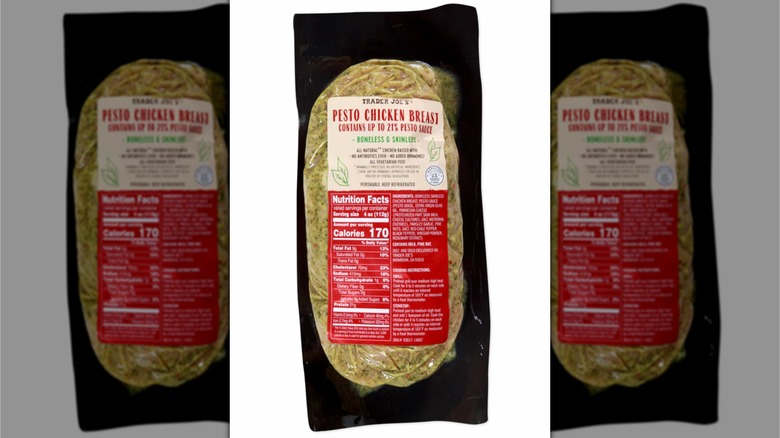 Package of Trader Joe's Pesto Chicken Breast on a white background