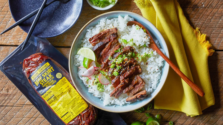 Trader Joe's Sesame Teriyaki Beef Skirt Steak with rice