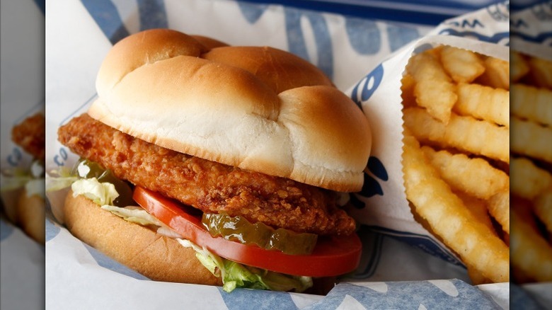 Culver's crispy chicken sandwich with fries.