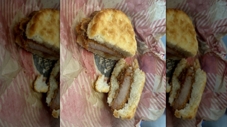 Chicken biscuit sandwich from Bojangles on paper wrapper