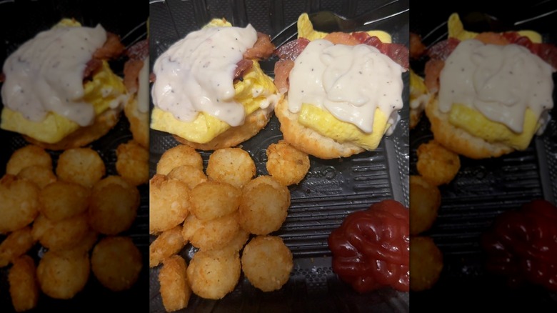 Hardee's breakfast platter in black to-go box