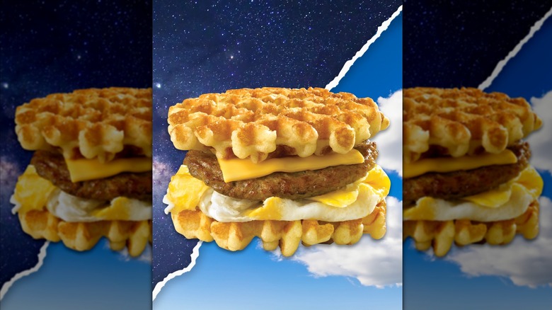 White Castle Belgian waffle breakfast sandwich on sky background